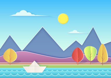 Dağlar, tepeler, nehir, kağıt gemi ve ağaçlar, cuted yatay moda kağıt. Yaz manzara vektör çizim.