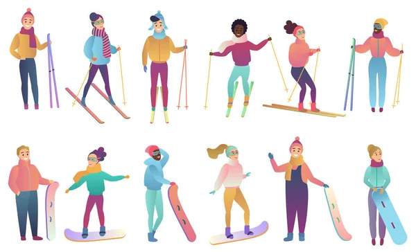 Gruppe niedlicher Cartoon-Skifahrer und Snowboarder in trendigen Steigungsfarben Vektor-Illustration. — Stockvektor