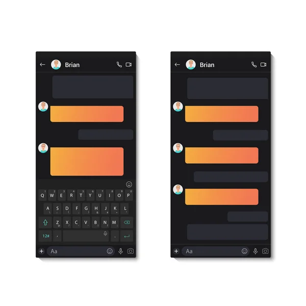 Mörka chatt app mall whith mobila tangentbord och text chatt bubblor. Sociala nätverk meddelande vektorillustration. — Stock vektor
