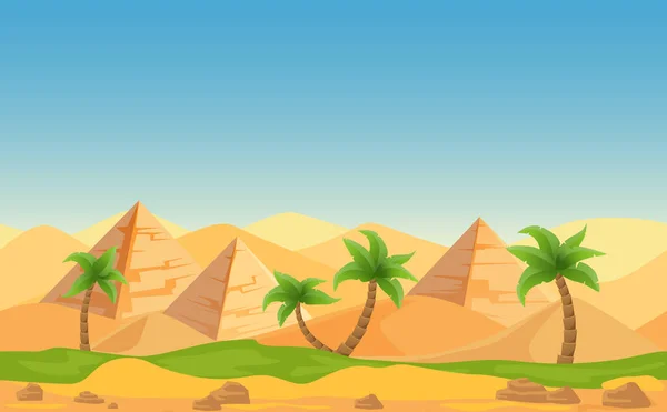 Ägyptische Pyramiden mit Palmen in Wüstenlandschaft. Zeichentrickvektorillustration. — Stockvektor