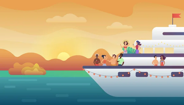 Des amis souriants font la fête sur un bateau-ferry au coucher du soleil. Voyage en mer, voyage en mer et amitié concept illustration vectorielle . — Image vectorielle