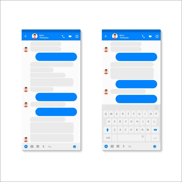 Rede social modelo de conceito Messenger. Modelo de aplicativo mensageiro moderno com bolhas de chat e teclado. Vector Mockup dialoga compositor . —  Vetores de Stock