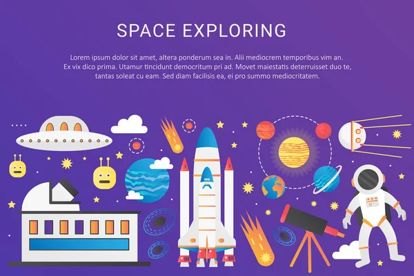 최신 유행 플랫 그라데이션 색 우주 infographic 일러스트 벡터. 우주 우주선 로켓, 태양계 행성, 위성, Ufo 개념 서식 파일 배너 아이콘 및 텍스트. — 스톡 벡터