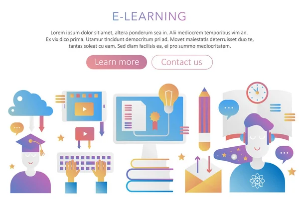 Modelo panorâmico poster fundo conceito E-learning escola, distância on-line estudar e educação moderna gradiente vetor ilustração . — Vetor de Stock