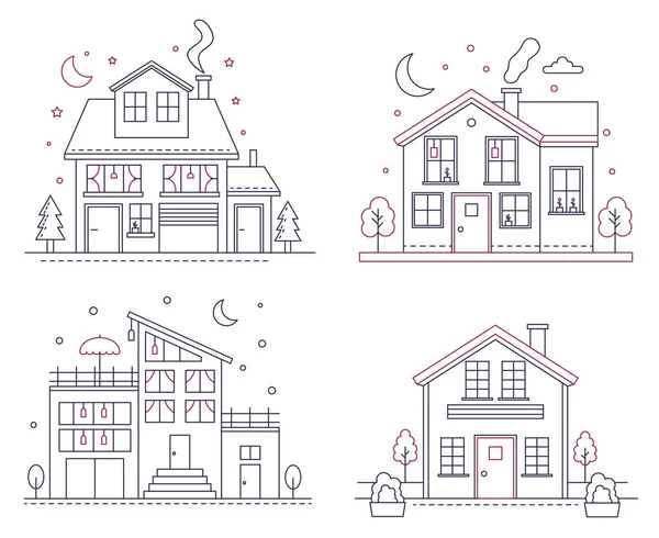 Vector Dunne Lijn Pictogram Suburban Amerikaanse Huizen Klassieke Architectuur Civiele — Stockvector