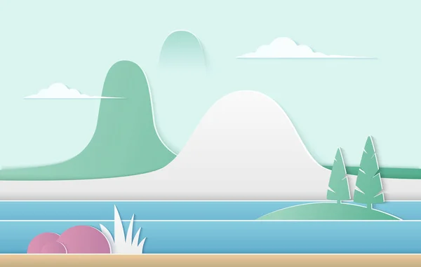 Modny kolor gradientu wektor ilustracja natura. Góry, rzeka, sosnowych drzew i krzewów papieru wyciąć krajobraz. — Wektor stockowy