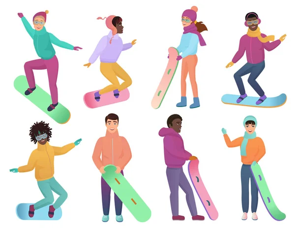 Ensemble de snowboarders vectoriels de couleur dégradé de bande dessinée. Homme et femme en snowboard. Sports de snowboard d'hiver . — Image vectorielle