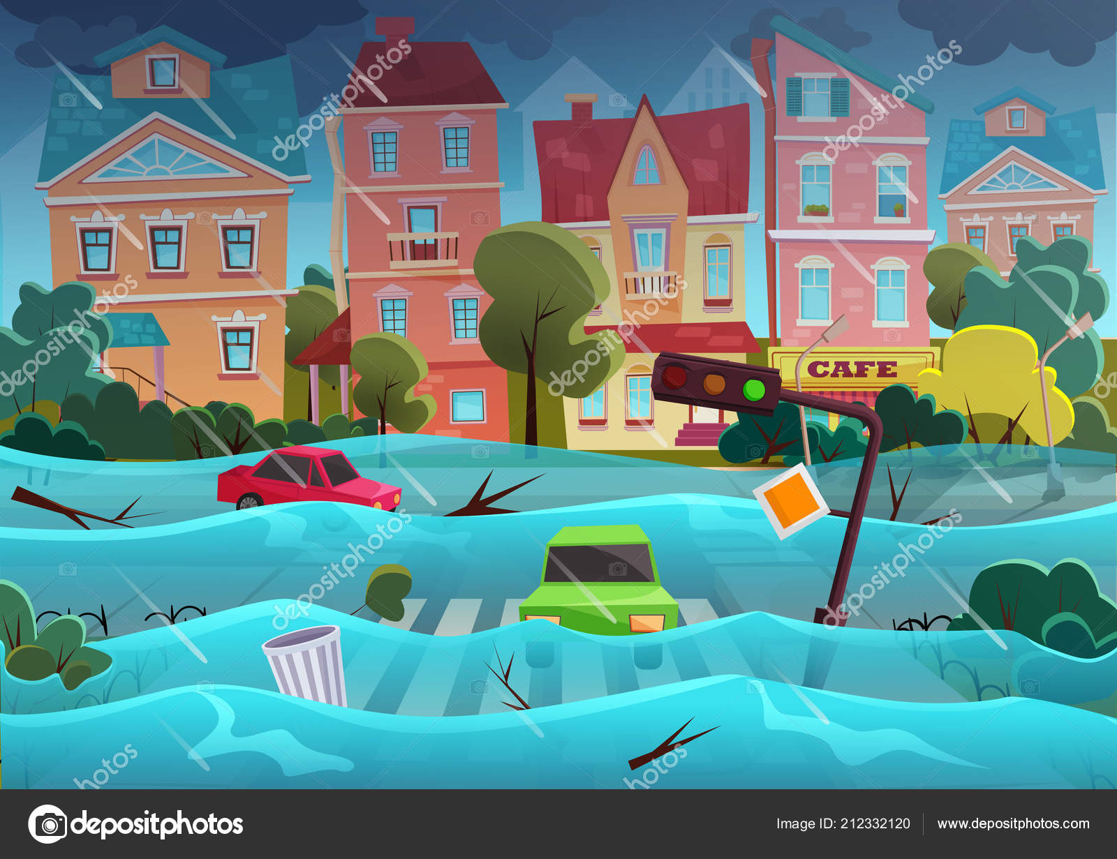 Flood natural disaster in cartoon city concept. City floods and cars with garbage floating in the water. Storm city landscape background for poster or card. Stock Vector Image by ©Lembergvector #212332120 Flood natural disaster in cartoon city concept. City floods and cars with garbage floating in the water. Storm city landscape background for poster or card. Stock Vector Image by ©Lembergvector #212332120