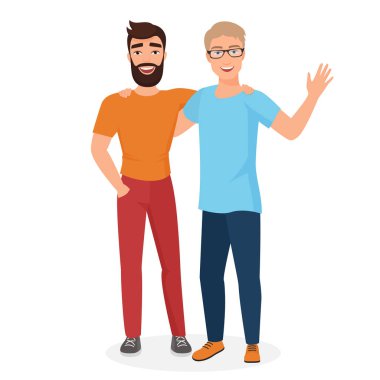 Vektör çift çocuk erkek arkadaşlarım izole karikatür çizim. Dostça bir kucaklama mutlu çocuk çocuklar.