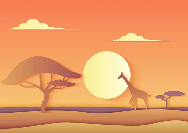 Papier vectoriel africain tendance paysage mignon avec une girafe et un arbre. Nature d'Afrique Acacia et girafe dans les collines des champs de savane illustration . — Image vectorielle