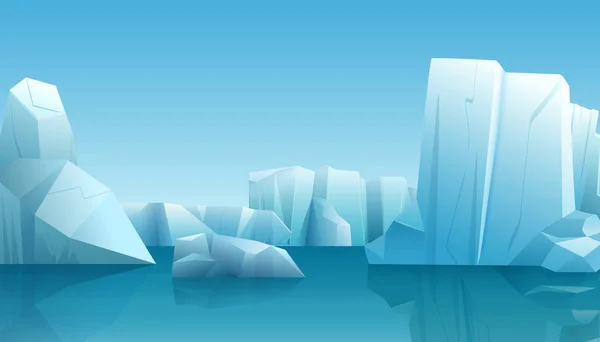 Vettore Illustrazione invernale della natura paesaggio artico invernale con iceberg di ghiaccio, acqua pura blu e colline innevate . — Vettoriale Stock