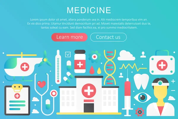 Banner de plantilla de concepto de medicina de color de degradado plano de moda vectorial con iconos y texto . — Vector de stock