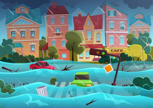 Flood natural disaster in cartoon city concept. City floods and cars with garbage floating in the water. Storm city landscape background for poster or card. — Stock Vector