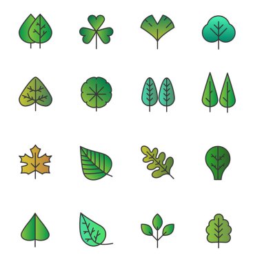 Vektör basit ağaç izole simgeler yaprak. Yeşil sarı yapraklar, stilize otlar koleksiyonu moda elinde çizilmiş daire degrade çizgi stili.