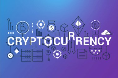Cryptocurrency kelime trendy kompozisyon afiş. Anahattı kontur kripto para birimi, dijital para, bitcoin ve ethereum kripto incelemesi Infographic kavramı. Düz çizgi simgeler üstbilgi illüstrasyon vektör.
