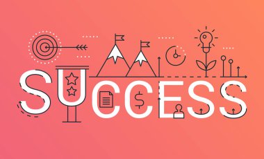 Başarı kelime trendy kompozisyon afiş. Anahattı kontur iş, finans, spor ve yaşam başarı Infographic kavramı. Düz çizgi simgeler üstbilgi illüstrasyon vektör.