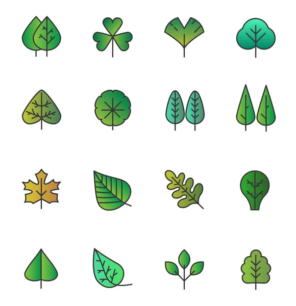 Vector Simple arbre laisse des icônes isolées. Feuillage jaune vert, collection d'herbes stylisées dans un style de ligne à dégradé plat dessiné à la main . — Image vectorielle