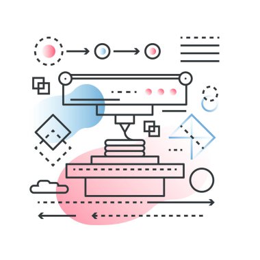 3d baskı, modelleme teknolojisi işlemi vektör kavramı degrade düz renk stili ile popüler çizgi tarama.