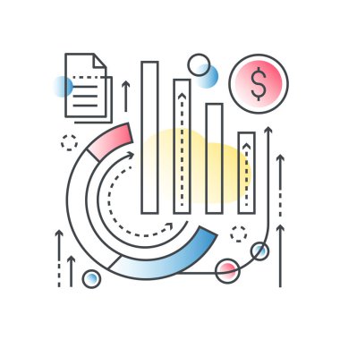 İş grafik istatistikleri, küresel seo analytics, veri analizi, finansal pazar araştırması vektör kavramı degrade düz renk stili ile trendy doğrultusunda.
