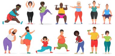 Fat cute people doing fitness exercise training. Man and woman gym workout vector illustration. clipart