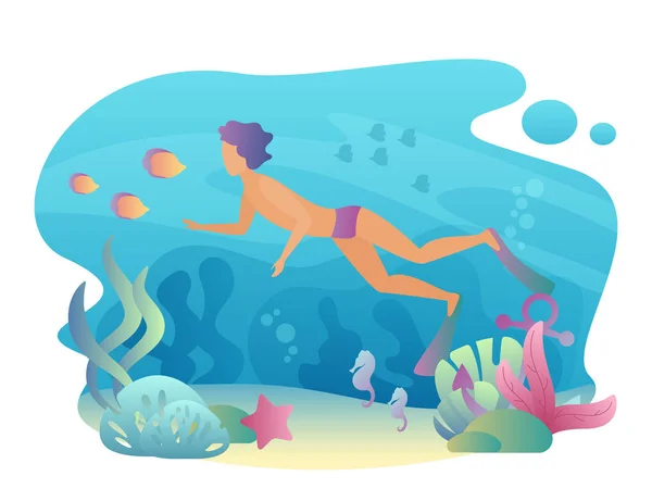 Pria snorkeling berenang di bawah air. Musim panas olahraga waktu luang. Ilustrasi vektor menyelam laki-laki . - Stok Vektor