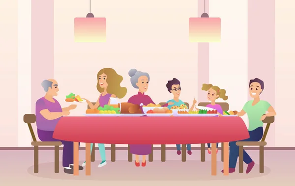 Familienessen. Weihnachten oder Erntedankfest feiern. Familie isst zusammen. — Stockvektor