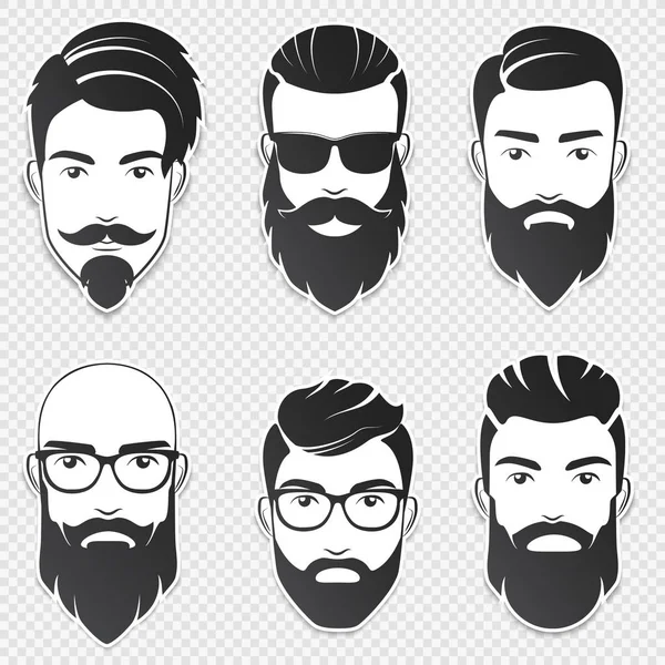 Set of vector bearded hipster men faces with different haircuts, mustaches, beards. Trendy man avatar, emblem, male icon or logo. Soft shadows stickers isolated on the transperant background. — Stock Vector