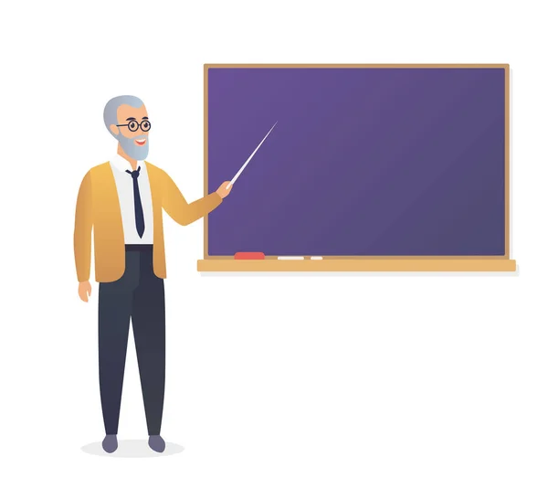Lektor, gubbe professor står framför tavlan i klassrummet på skola, högskola eller universitet. — Stock vektor