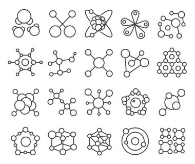 Molekül modeli Icons set. Moleküller ve Bilim Kimya yapısı. Vektör Atom Molekül anahat satırı simgeler izole.