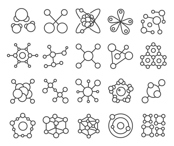 Набор иконок молекулярной модели. Химическая структура молекул и науки. Изолированные иконки контуров векторных молекул
.
