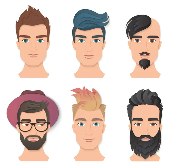 Homme portrait avatar visage set vectoriel illustration. Jeune homme élégant visages avec différentes barbes et coiffure. Découpe en couches de papier à la mode. Origami beauté mode concept logo . — Image vectorielle