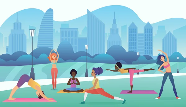 Gruppo di donne che fanno yoga nel parco con sfondo città moderna. Trendy gradiente colore vettoriale illustrazione . — Vettoriale Stock