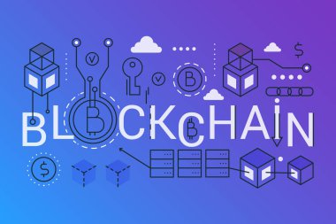 Blockchain 2019 kelime trendy kompozisyon kavramı afiş. Anahattı kontur bitcoin, ethereum, blok zinciri teknoloji. Tipografi yazı düz çizgi simgeler.