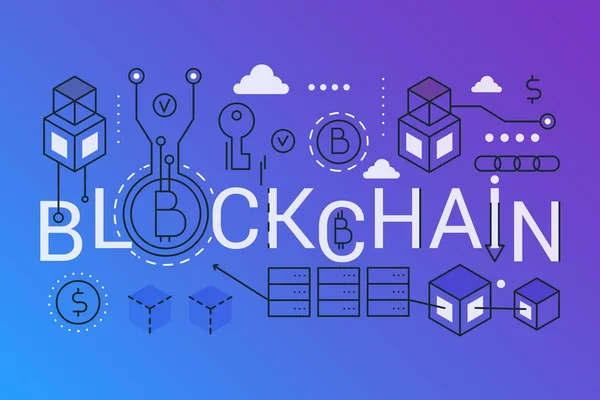 Banner de concepto de composición de moda de palabra Blockchain 2019. Esquema golpe bitcoin, etéreo, tecnología de cadena de bloques. Tipografía de letras de iconos de línea plana . — Vector de stock