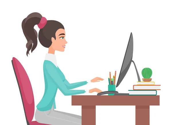 La joven mujer bonita trabaja en la oficina. Chica sentada en la mesa vista lateral frontal vector ilustración . — Archivo Imágenes Vectoriales