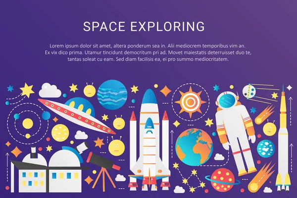 Vector trendy flat gradient space universe infographic elements collection with sun, planets, star spaceships, ufo aliens, astronaute, astéroïdes vectoriel illustration . — Image vectorielle