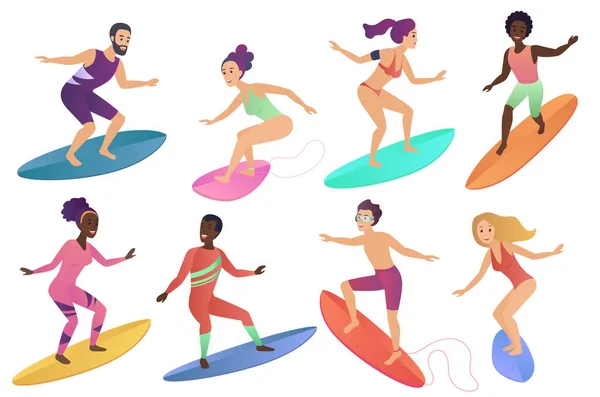 Surfer mensen rijden surfplanken instellen. Man en vrouw surfen op de zee of Oceaan vector illustratie. — Stockvector