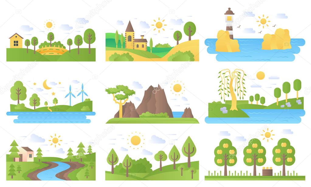 Vector mini landscapes icons set. Ecology nature and travel. Lake and river, sea and sun, mountain and lighthouse, summer forest park tree. Flat illustration collection for labels, logo or emblems.