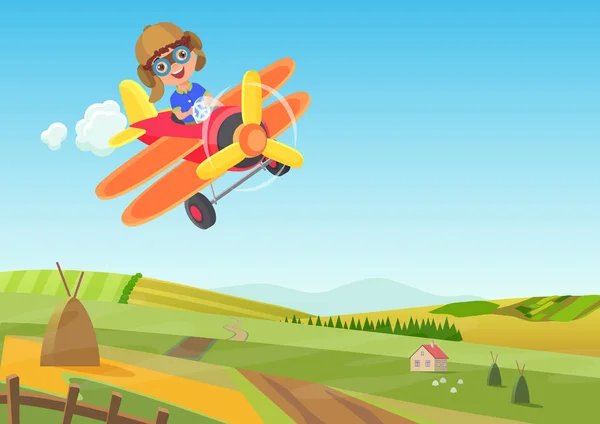 Um rapazinho giro a voar num avião por cima dos campos. Engraçado voar avião cartoon vetor ilustração . — Vetor de Stock