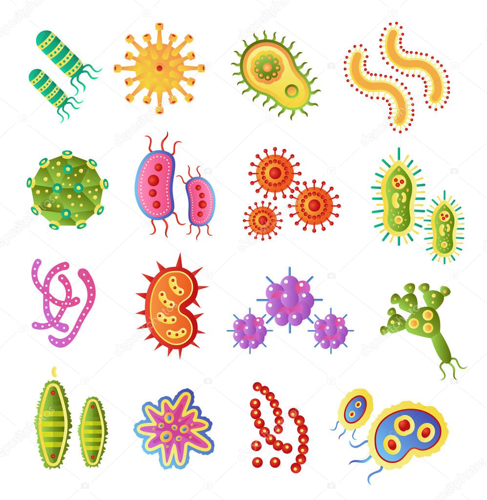Infection bacteria and pandemic virus vector biology icons. Vector flat bacteria microbe iluustration. Micro organism, allergen isolated on white background.