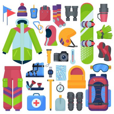 Dağ snowboard ekipman vektör simgeler izole ayarla.