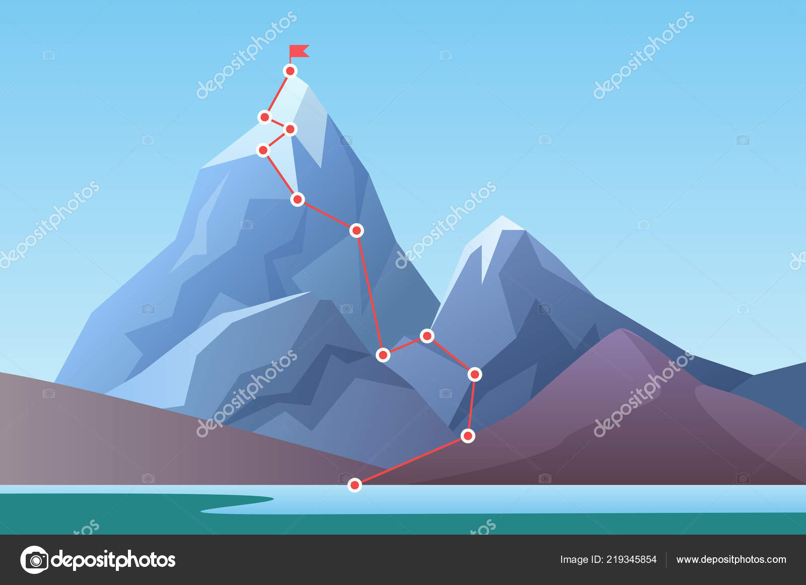 Bergsteigerroute zum Gipfel. Geschäftsfortschrittsmotivation, Disziplin und  Erfolgsziel Konzeptvektorillustration. Cartoon-Gipfel, Kletterroute zum  Gipfel des Felsens. Stock-Vektorbild von ©Lembergvector 219345854, image size:1600x1162