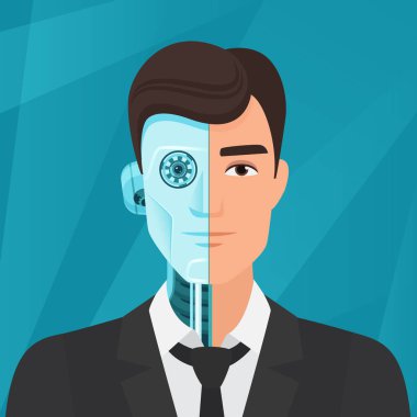 Yarım cyborg, yarı insan adam işadamı vektör çizim.