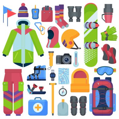 Dağ snowboard ekipman vektör simgeler izole ayarla.