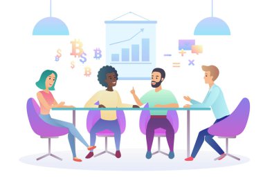 Yaratıcı coworking merkezi trendy degrade renk Illustration. Ofiste iş görüşmesi. Çok kültürlü yaratıcı ekibi. Paylaşılan bir çalışma ortamı.