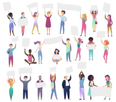 İzole ayarla afiş tutarak protesto insanlar kalabalık tezahürat.