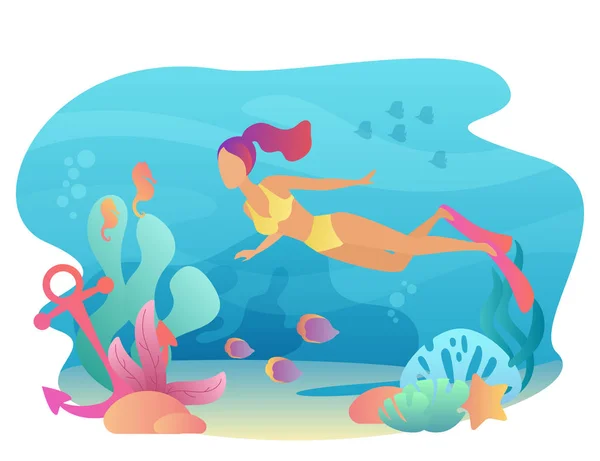 Woan snorkeling nuota sott'acqua con flora e fauna marina. Tempo libero di sport di estate. Illustrazione vettoriale femminile di immersione . — Vettoriale Stock