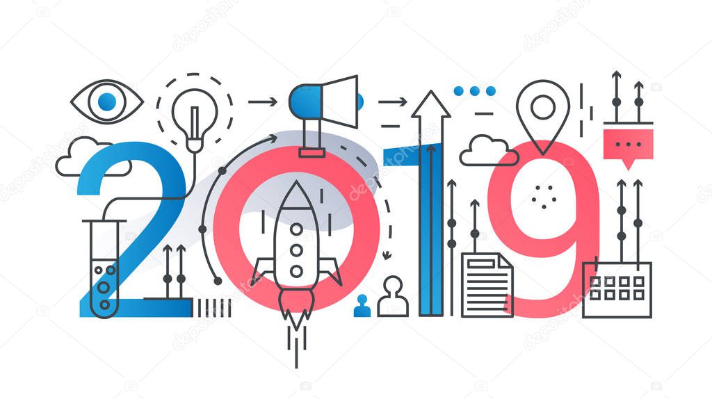 Business startup 2019 word trendy composition concept banner. Start up outline stroke and flat line icons lettering typography.
