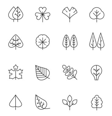 Ağaç ve yaprak satır Icons set. Doğal kontur sembolü, ahşap gövde ve harita için anahat şube.