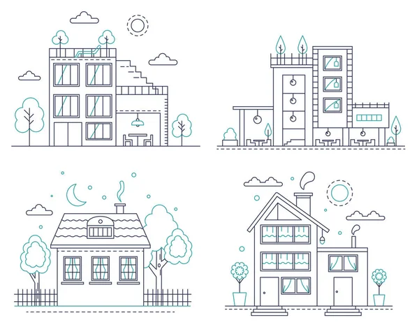 Dünne Linie Land Vorort amerikanisches Haus mit Bäumen gesetzt. Vektor Smart Home Illustration für Infografik, Webdesign und Anwendungsoberflächen. — Stockvektor